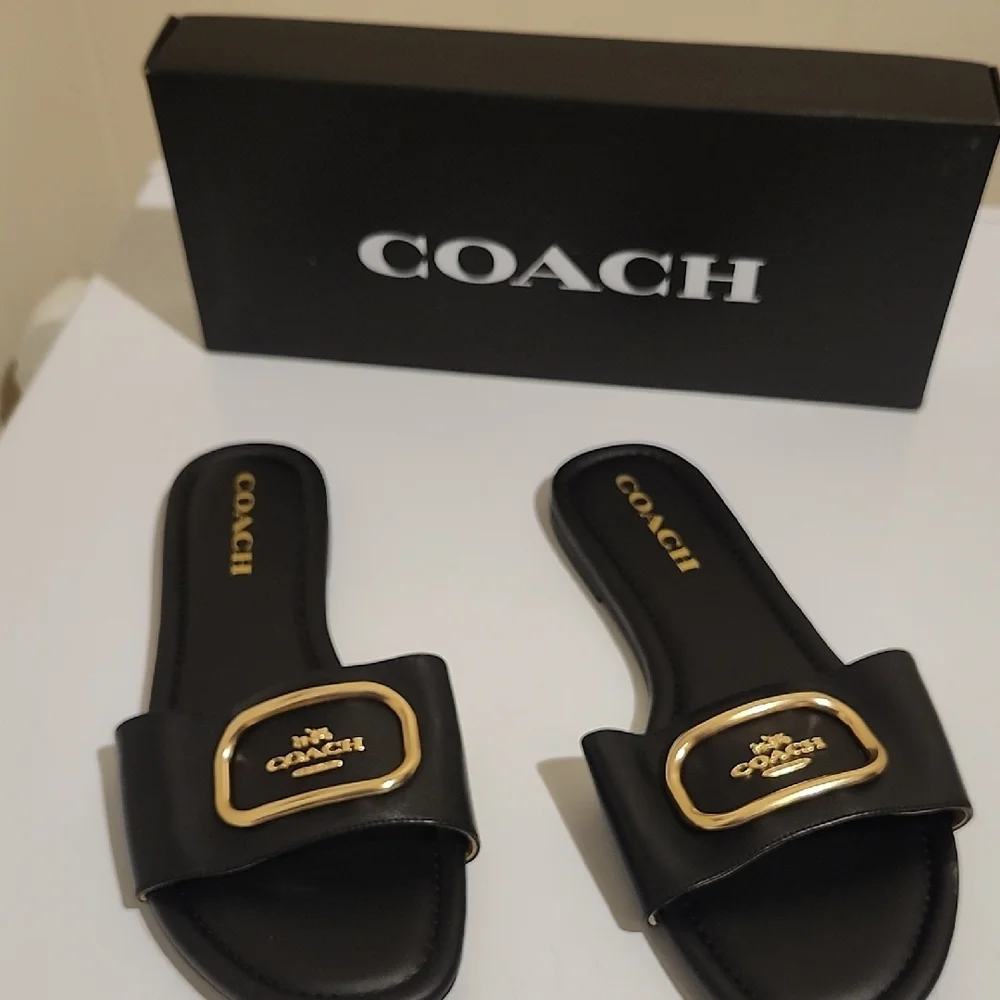 Coach Black Slides with Gold Accents - Picture 2 of 4